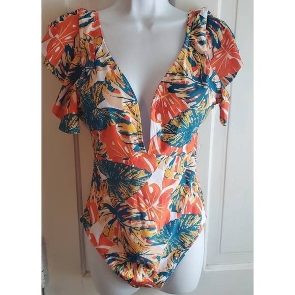 Binlowis Deep V Neck Flounce One Piece - Picture 3 of 13